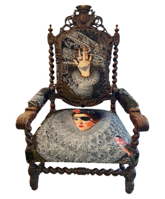 Unique and Large Carved Oak Armchair in Modern Fabric in the Style of Louis XIII