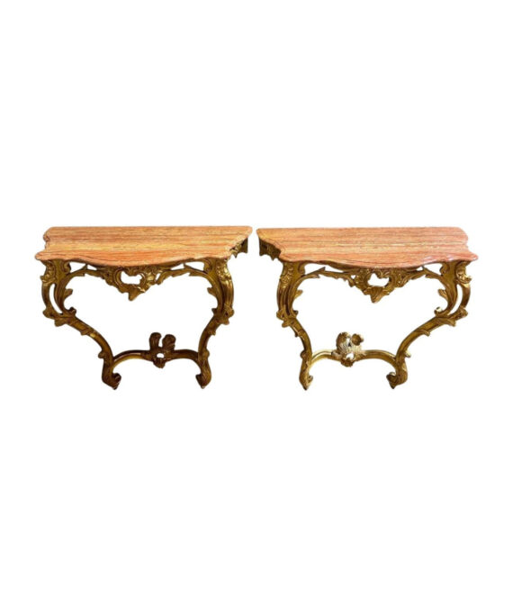 Pair of Louis XV Style Consoles, Giltwood and Marble Tops, 19th Century