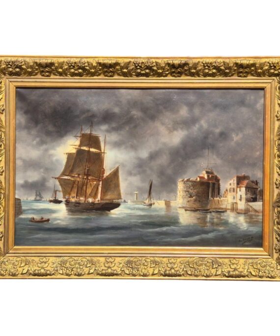 View of Le Havre, France, Oil on Canvas Marine Painting, Signed Ed. Adam, 1904